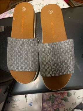 bernie mev. Metallic Silver Woven Slide Sandals